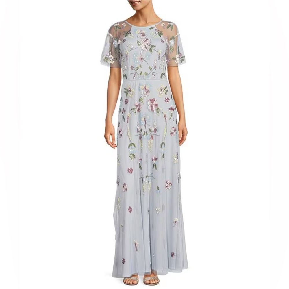 Adrianna Papell Floral Beaded Short Flutter Sleeve A Line Gown